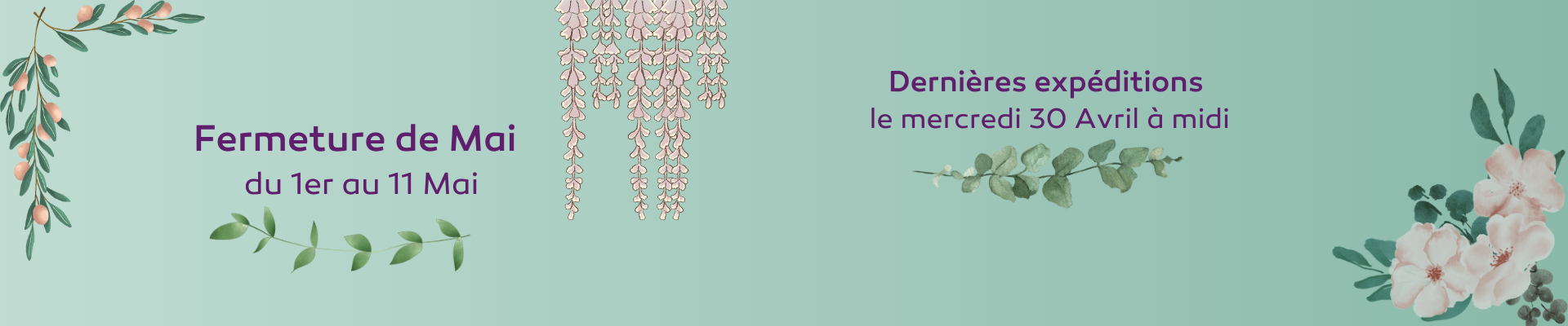 Fermeture de Printemps du 1er Mai jusqu'au 12 Mai. Reprise des expéditions le 13 Mai.